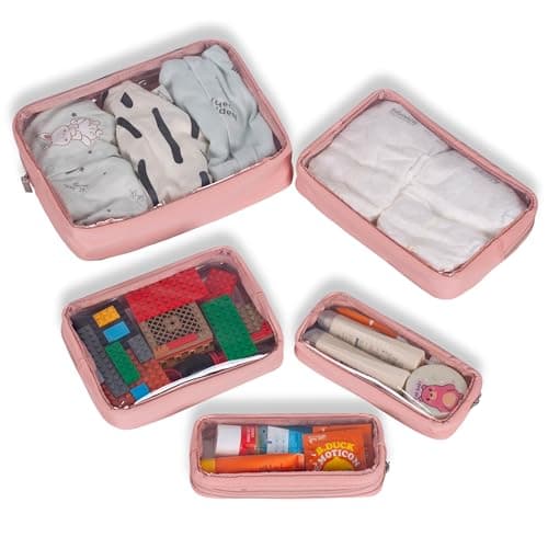 Remobia Hicol TSA Approved 5-Piece Diaper Bag Organizer Pouch Set Clear Waterproof TPU Kids Toiletry Storage Set Travel Packing Clutch Cube Bags for Baby Nursing (Pink Leather) — view 6