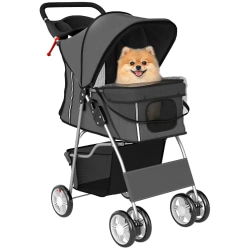 PawHut Dog Pram Foldable Pet Stroller for Small Breeds Cats Dark Grey