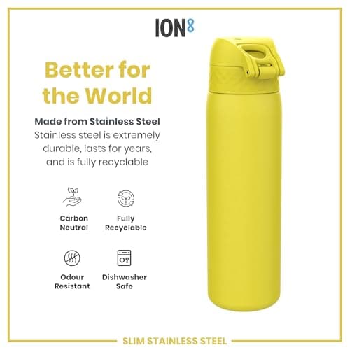 Ion8 Lightweight Steel Water Bottle, 600 ml/20 oz, Non-Insulated, Leak Proof, Easy to Open, Secure Lock, Dishwasher Safe, Flip Cover, Fits Cup Holders, Carry Handle, Metal Water Bottle, Yellow — view 5