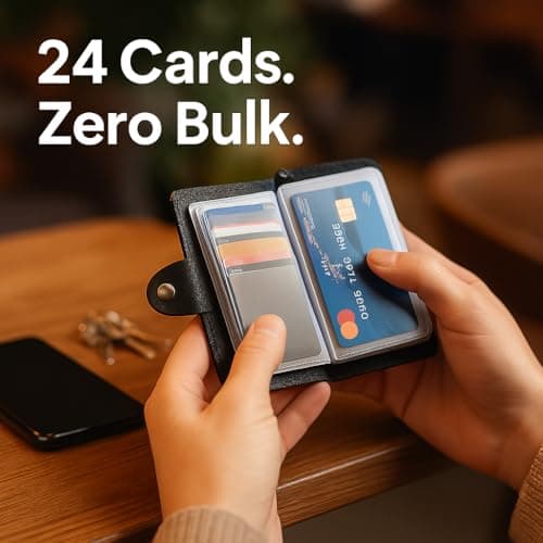24 Slot Basic Card Holder for Men or Women | Black PU Leather Card Wallet | Slim Light Credit Card Wallet | Minimalist Small | Drivers License | Business Cards | Debit | Cardholder Pockets Organiser — view 2