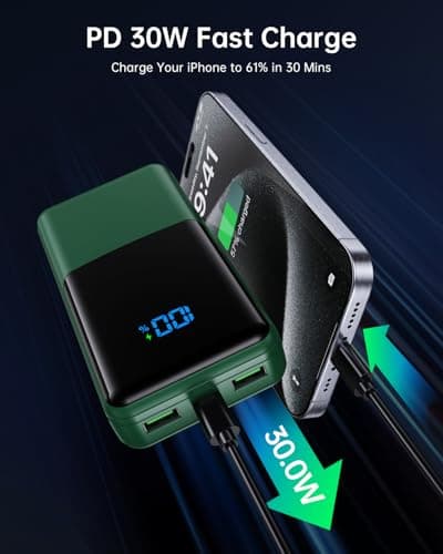 Coblob Power Bank 27000mah, Powerbank Fast Charging with Usb C, External Battery Pack, Mobile Phone Portable Charger with LED Display, USB C Charging Bank with 3 Outputs & 2 Inputs (Green) — view 3