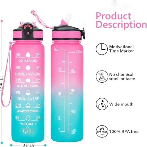 1L Water Bottle with Straw & Time Marker, BPA Free Leakproof Water Bottle, Reusable Sports Water Bottle with Carry Handle for Gym, Fitness, Cycling, School, Office & Outdoor, Pink & Blue — view 2