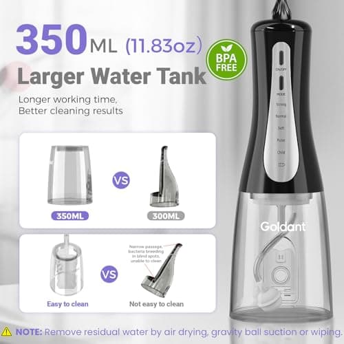 GOLDANT 2026 New 350ML Water Flosser with Drainage & Storage Stand, Keeps Dry & Clean, Travel Bag, 5 Modes, 360°Nozzle, Cordless Rechargeable, IPX7 Waterproof, Portable for Home & Travel (Black) — view 4