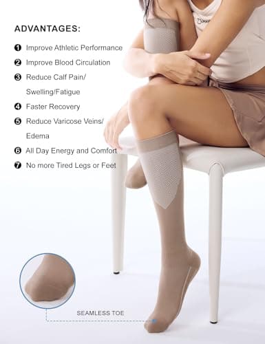 FITRELL 3 Pairs Compression Socks for Women and Men 20-30 mmHg Travel Flight Socks Medical Knee High Socks for Sport, Flying, Carers, Nurse, Pregnant Women, Varicose Veins, Brown+Apricot+Khaki, L/XL — view 6