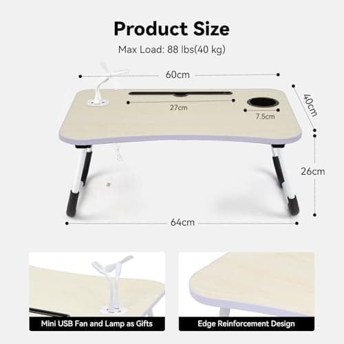Foldable Laptop Table with USB Ports, Drawer, Cup Holder&Tablet Slot, Beige — view 6