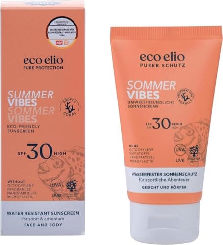 eco elio Summer Vibes SPF 30 | Water-Resistant Sun Cream | Face & Body | Reef Safe, Organically Formulated, Fast-Absorbing | No White Cast, Non-Greasy | 50ml Travel-Size Sunscreen