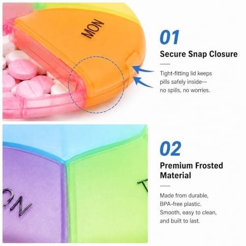 Weekly Pill Box Organiser, 7 Day Round Tablet Organiser, Easy Open Snap Shut Lids Portable Travel Pill Case, Rainbow Medicine Organiser Tablet Box for Vitamins Supplements Medication — view 4