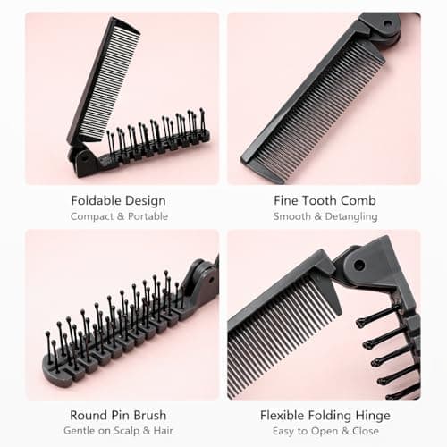 3 Pack Folding Hair Brush & Mini Comb – Compact Travel Hair Brush Set with Dual-Head Folding Design – Portable Pocket Comb for Men Women, Anti-Static Travel Hairbrush (Black, White & Purple) — view 3