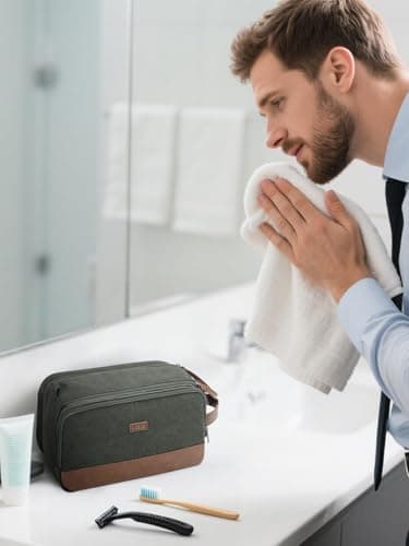 WANDF Toiletry Bag for Men Travel Wash Bag Toiletry Organizer Canvas and PU Leather Dopp Kit Water-Resistant Shaving Kit for Travel Accessories (Green, M, Patent Pending) — view 2