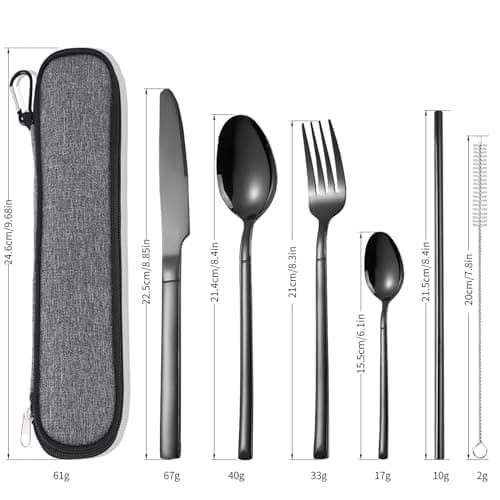 AARAINBOW Portable Cutlery Set for 1 Person, Stainless Steel Knife Fork Spoon Straw Set. 6-Piece Flatware Set with Bag, Suitable for Travel Camping Work, Dishwasher Safe, Black — view 3