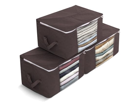 Delka 90L Storage Bags with Lids, Large Storage Boxes with lids, Storage Unit for Clothes, Duvets, Blankets, Toys, Pack of 3 Foldable Organizers with Reinforced Handles and Clear Window (Brown)