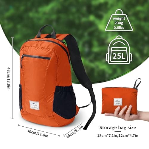 Naturehike Packable Backpack - Ultra Lightweight Foldable Daypack, PU2000mm Waterproof 30D Nylon Compact Hiking Rucksack for Travel Camping Outdoor（Orange 25L — view 3