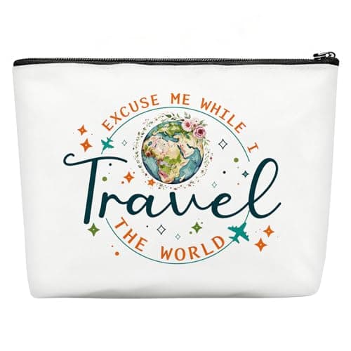 Travel Gifts for Women, Travel the World Makeup Bag, World Traveling Cosmetic Bag, Waterproof Organiser with Zipper Toiletry, Girls Make up Bag for Travelers Friends Flight Attendant Graduation