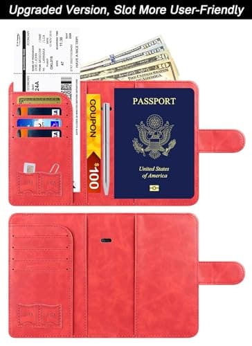 Passport Holder Wallet Travel Essentials Leather RFID Blocking Holiday Luggage Must-Have Travel Accessories for Men Women 120#Red Upgraded Design — view 2