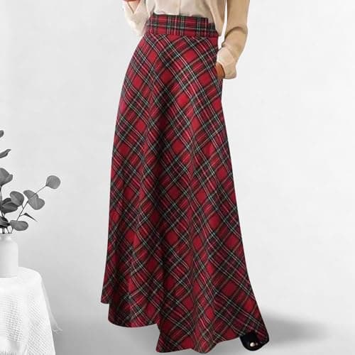Womens Plaid Elastic High Waist Maxi Skirt Vintage Wool Skirt Tartan Midi Swing Pleated Flared A Line with Pockets Retro Elegant High Rise Flowy Skirts Dress Pull — view 2