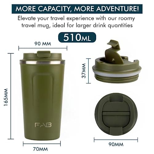 FAB Travel Mug, Reusable Coffee Cup (510ml, Army Green) - Double Wall Stainless Steel with Screw Lid - Thermal Camping Cup, Vacuum Insulated for Hot and Cold Drinks, Eco-Friendly — view 2