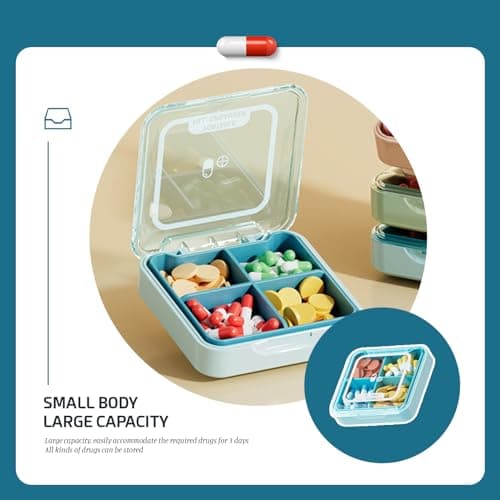 PAITOK Small Pill Case,Portable Pill Box BPA Free Travel Pill Organiser Moistureproof Tablet Box Cute Pocket Pill Box with 4 Large Compartmensts for Medication, Vitamin, Supplement(Blue) — view 3