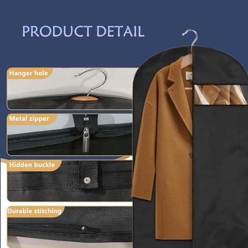 3 Pcs Suit Covers, Clothes Cover in Black, Garment Bags with Clear Window, Zipper, Fold-Able, Washable, Dust-Proof for Home Wardrobe Storage — view 5
