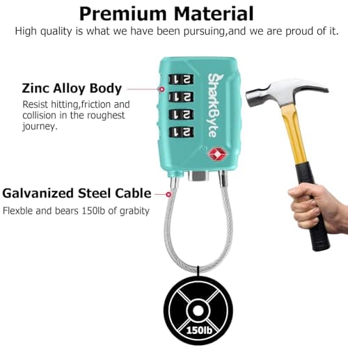 SharkByte TSA Approved Suitcase Locks - 4-Dial Security Travel Combination Padlock, Flexible Cable Wire Travel Lock for Suitcases, Luggage Locks, Travel Bag Gym Locker Small PadLock with code (2 Pack) — view 3