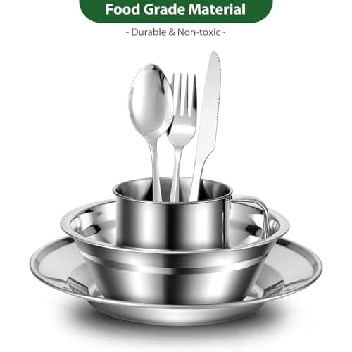 Odoland Camping Cutlery Set - Stainless Steel Tableware Mess Kit Plate Cup Fork Spoon, 7 in 1 Flatware Kit with Mesh Bag - Dinnerware Utensils Set for Outdoor Camping Hiking and Picnic for 4 People — view 3