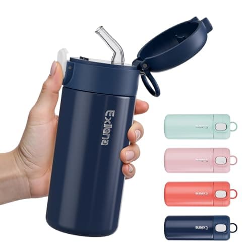 Exllena 300ml Small Water Bottle with One-Touch Soft Straw Lid, Double-Wall Vacuum Insulated Small Flask for Hot&Cold Drinks–Leak-Proof, Mini Water Bottle for Handbag, Yoga, Sport (Dark Blue)