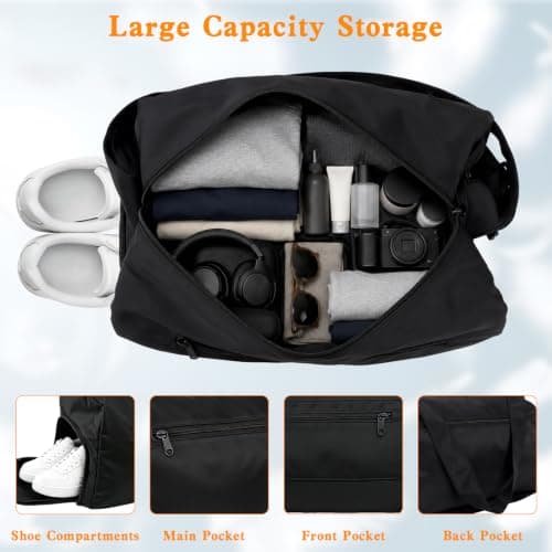 Sports Duffel Bag with Shoes Compartment, Waterproof Gym Duffle Bag Adjustable Shoulder Crossbody Strap, Large Capacity Travel Overnight Bag for Workout Fitness Yoga Hospital Travel (Black) — view 2