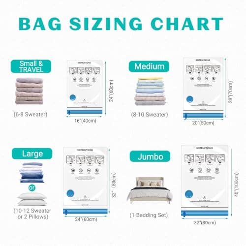 ZOESTORAGE Vacuum Storage Bags,12 Pack Vacuum Bags with Travel Hand Pump,Vacuum Pack Bags for Clothes,Blankets,Comforters,Pillows,Clothes Storage(3 x Jumbo, 3 x Large, 3 x Medium, 3 x Small) — view 2