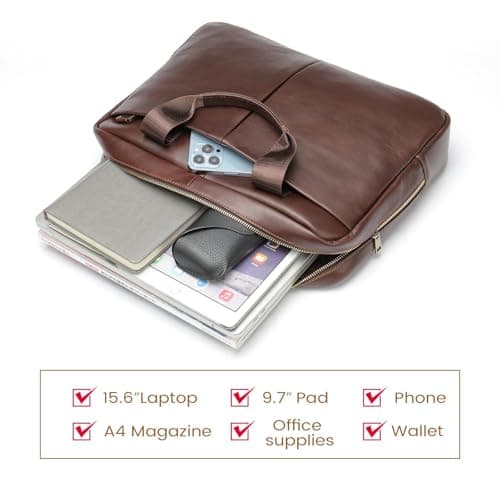VINBAGGE Genuine Leather Briefcase for Men 14 Inch, Men's Business Laptop Work Bag, Messenger Bag with Adjustable Shoulder Strap, Professional Work Bag for Office Travel Commute — view 4