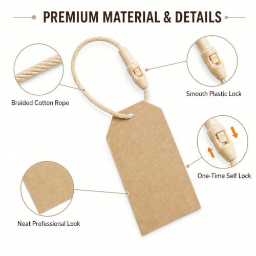 Thick Cotton Hang Tag String with Secure Snap Lock, 300 Pcs Beige Clothes Label Fastener Loops, 20cm Premium Anti Tamper Price Tagging Cord for Luxury Garment Retail, Fashion Boutiques — view 4