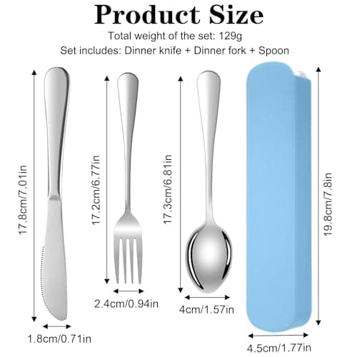 DOETYD 3 PCS Travel Cutlery Set Stainless Cutlery with Portable Case Reusable Spoon Fork and Knife for Camping Travel Picnic School Office Lunch (Blue) — view 2