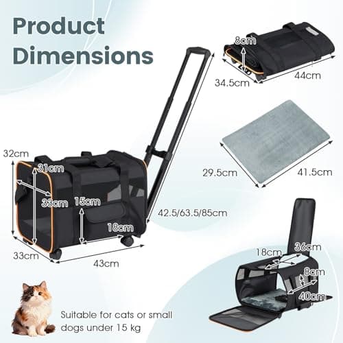 GYMAX Pet Carrier With Wheels, Foldable Soft-sided Dog Travel Crate with Telescopic Handle, Shoulder Strap, Washable Pad, Safety Leash & Storage Pocket, Rolling Cat Carrier (Black,43 x 33 x 32cm) — view 2