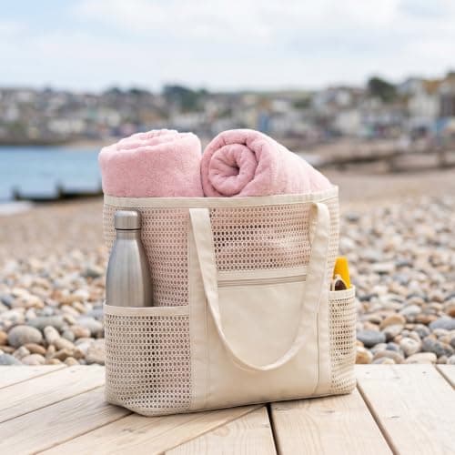 MIGIFTDY Beige Mesh Beach Bag Storage Tote,Stylish Beach Tote for Swimming, Multi Compartment Mesh Organizer with Extra Side Pockets, Quick Dry Breathable Foldable Shower Pool Gym Storage Handbag — view 3