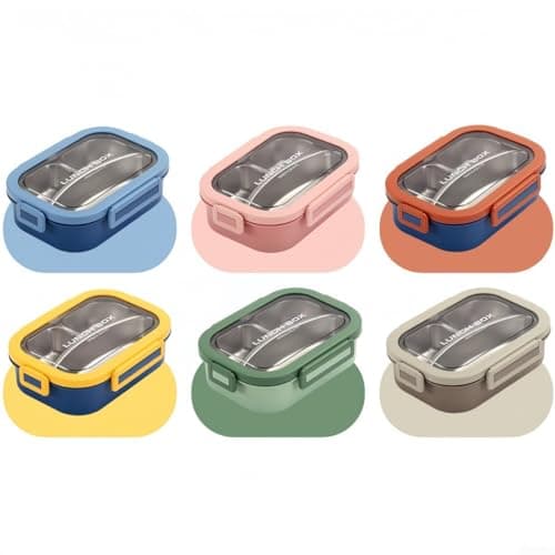 HEIBTENY Stainless Steel Lunch Box 3 Compartment Leakproof Container for Adults Kids School Work Office Picnic Travel Blue Yellow 23.7cm(Blue) — view 3