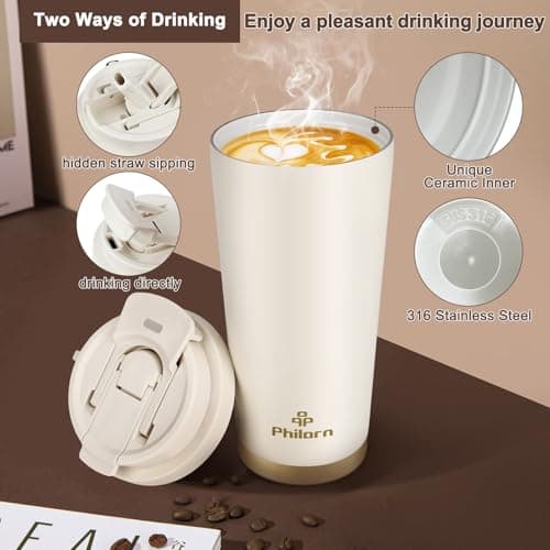 Philorn Coffee Cup Travel Mug, 500ml Insulated Coffee Cup with Lid & Straw — view 4