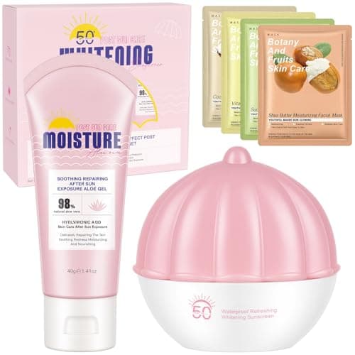 Skin Care Set for Women, Hydration Face Care Kit, Moisturizer Facial Skincare Gift Set for All Skin Types, Travel Essentials with SPF 50 Waterproof Sunscreen Lotion *1, Aloe Vera Gel *1, Face Masks *4