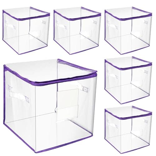 Abbylike 6 Pcs 12'' Zippered Clear Plastic Storage Bags with Label Pocket and Handles Plastic Storage Bins Clear Moving Bags Waterproof Organizers Tote Bins for Closet Sheet Clothes Packing(Purple)