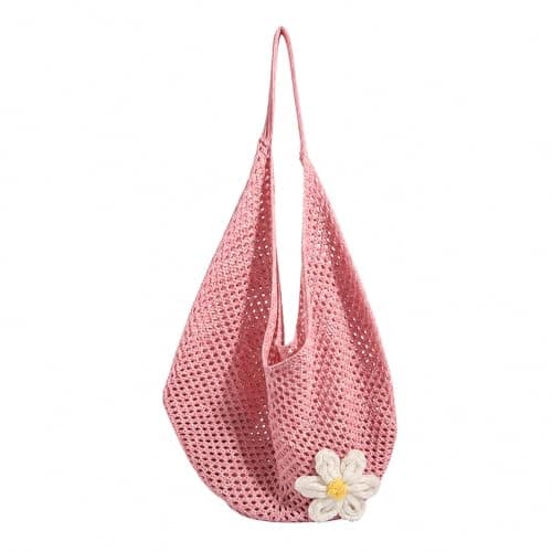 GEEKPC Woven Mesh Beach Tote - Women's Summer Holiday Shoulder Handbag with Daisy Applique, Lightweight Foldable Spacious Boho Accessory for Travel, Shopping, Beach Outings, and Daily Use (Pink)