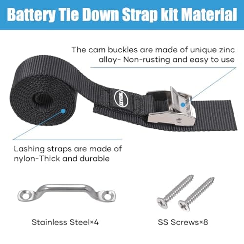 EXVITAL Battery Fixing Kit, 2.5 x 121.9 cm, with Rustproof Cam Buckle, Stainless Steel Bracket and SS Screws for Camper Battery, Luggage Belt (Pack of 2) — view 2
