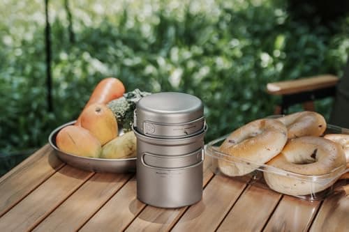 iBasingo Titanium Camping Cookset 750ml + 300ml Pot Pan Set with Folding Handle Lightweight Outdoor Cooking Mess Kit for Backpacking, Hiking & Travel Portable Compact Cookware Ti2037C — view 5