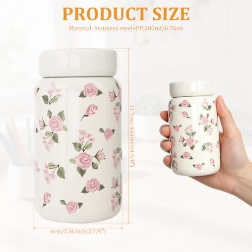 Small Water Bottle with Rose Print,200ml Mini Water Bottle,Double-Wall Vacuum Insulated Small Flask for Hot & Cold Drinks,Portable Leakproof Travel WaterBottles for Handbag,Yoga,Sport,Work(White) — view 2
