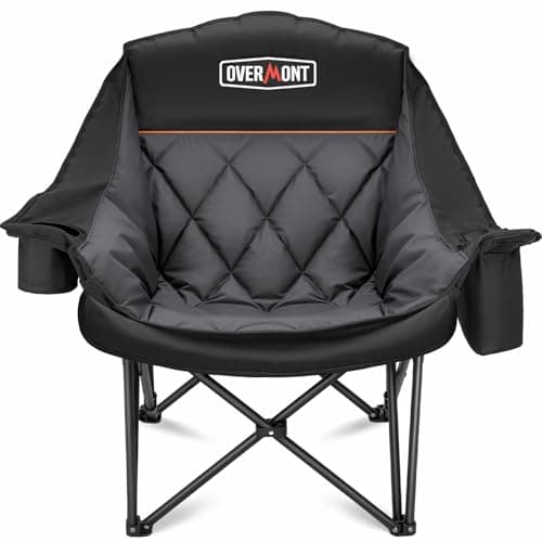 OVERMONT Oversized XL Camping Folding Chair for Adults - 450lbs Support Heavy-Duty Padded Folding Chair with Side Pocket Cup Holder for Outdoor Sports Garden Beach Fishing Lawn Black