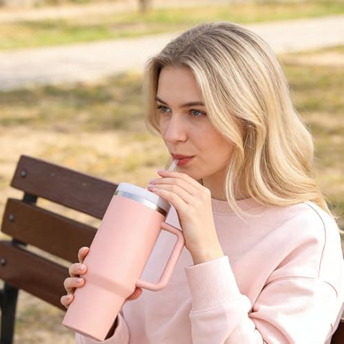 Sanilinwild 40 oz Tumbler Insulated Mug w/Straw & Flip Cap Lids - Cup Holder Bottle with 6 Accessories Set for Hot, Cold Drink - Leak-Proof - Water, Coffee Portable Travel Mug (Coral) — view 2