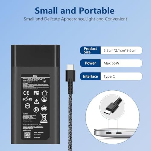New Slim 65W 45W USB C Laptop Charger Compatible with HP Spectre x360, Spectre, Chromebook, Elitebook x360, Elitebook, Elite x2, Envyx360, ProBook Travel Type C Power Cord — view 2