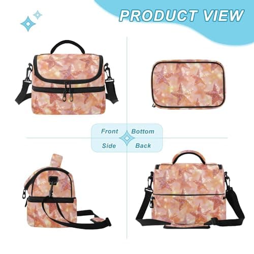 Caihoyu Double-layer Lunch Bag Rose Gold Glitter Stars Soft Cooler Cooling boxes? with Shoulder Strap for Beach, Camping, Road Trips — view 2