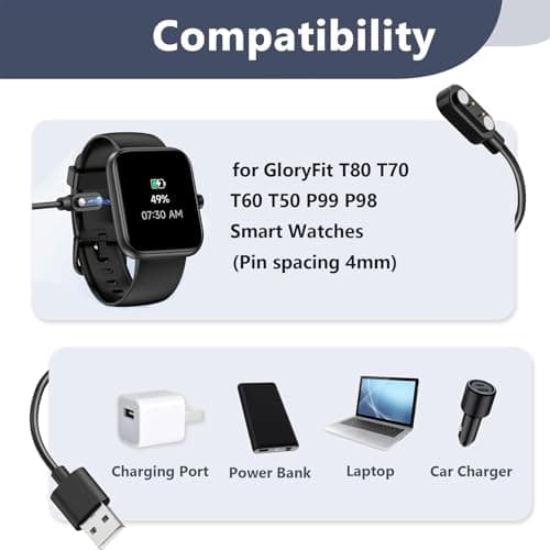 TwinkleHom Gloryfit Smart Watch Charger Magnetic USB Charging Cable for GloryFit T80 T70 T60 T50 P99 P98 Smart Watch (Black/60cm) — view 3