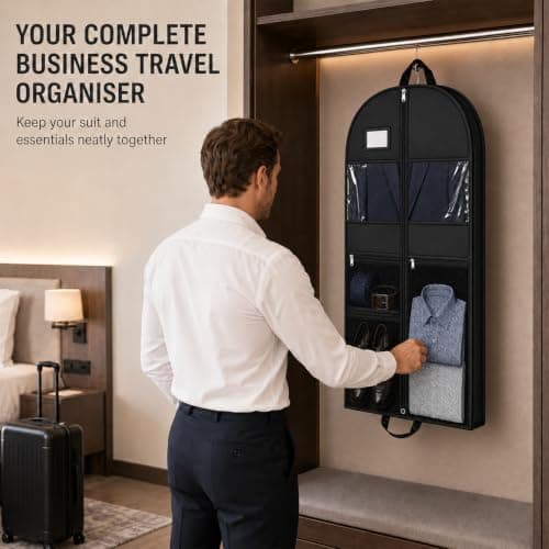 Garment Bag for Travel, 110 x 60 x 10 cm Foldable Suit Bag with Handles, 3 Zipper Mesh Pockets and Clear Window, Suit Carrier for Men and Women, Business Trips and Weddings, Black 1 Pack — view 3