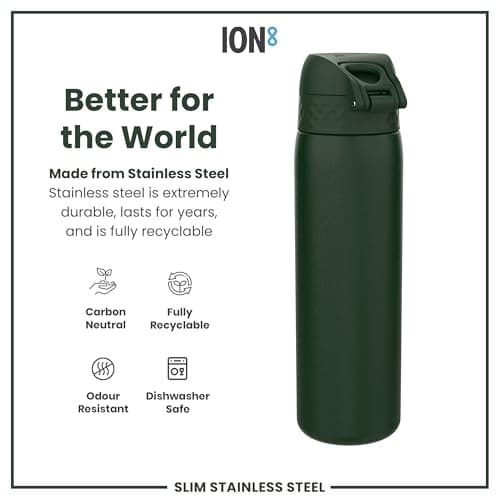 Ion8 Lightweight Steel Water Bottle, 600 ml/20 oz, Non-Insulated, Leak Proof, Easy to Open, Secure Lock, Dishwasher Safe, Flip Cover, Fits Cup Holders, Carry Handle, Metal Water Bottle, Dark Green — view 5