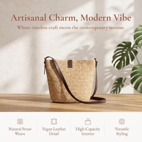 Qixkuric Straw Crossbody Bag, Summer Beach Crossbody Bag Beach Bags with Adjustable Strap Zipper Closure Woven Shoulder Bags for Holiday Travel Girls Gifts Picnic Daily Use 26.6 x 26.4 x 3.9cm — view 5