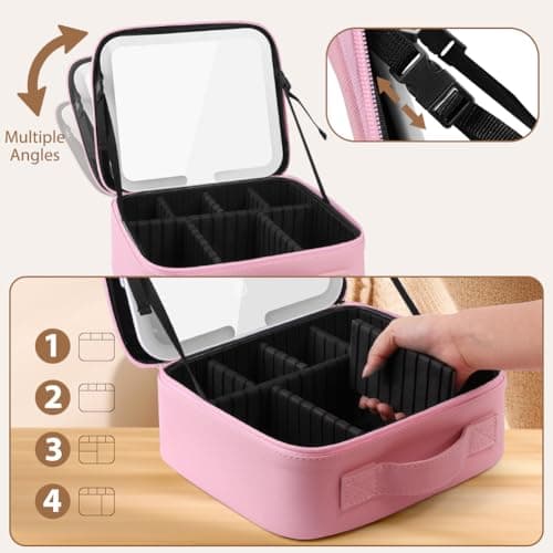 OSDUE Makeup Bag with LED Mirror, Cosmetic Organizer Case with Adjustable Compartments, Waterproof Travel Makeup Bag, Oxford Fabric,Gift for Women — view 4