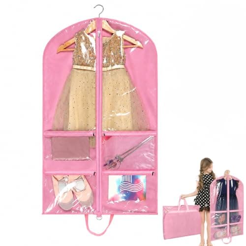Dance Costume Garment Bag 40 Inch,Pink Hanging Ballet Recital Tutu Dress Cover,Foldable Dance Clothes Carrier for Shoes Tights Leotard Accessories, Girls Women Competition Travel Suit Bag